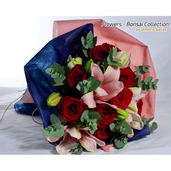 Μπουκέτο με oriental, κόκκινα τριαντάφυλλα & ευκάλυπτο E-Shop