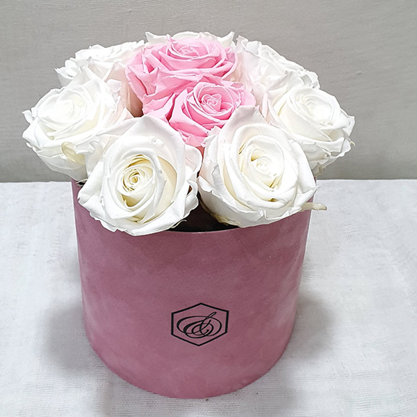 Στρογγυλό βελούδινο κουτί με forever roses λευκά & ροζ