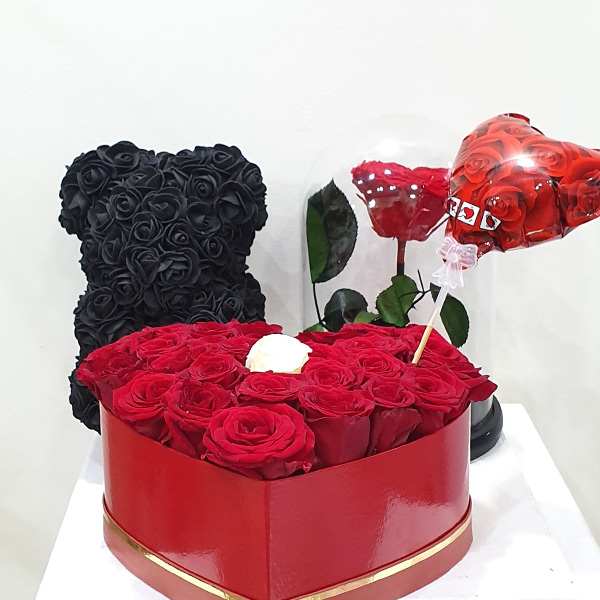 Rose Bear, Forever Rose, Flower Box & μπαλόνι