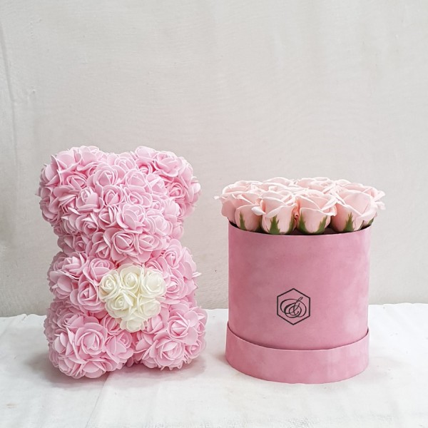 Soap roses box & rose bear all in pink