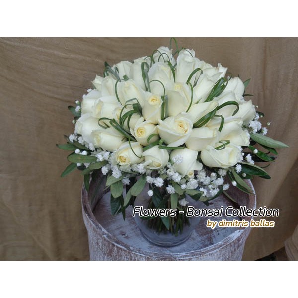 Νυφικες Ανθοδεσμες - Λευκά τριαντάφυλλα, still grass & ελιά Γάμος